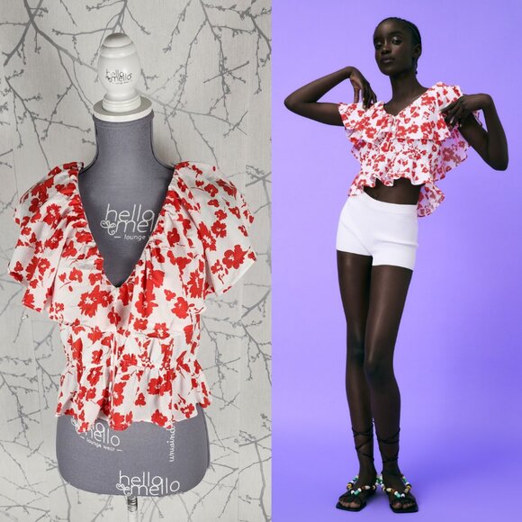 Zara White Red Floral Print Peplum Crop Top - Picture 1 of 5